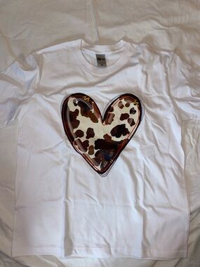 Women’s White Short Sleeve Tee with Cow Print Heart Graphic